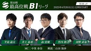 【最高位戦日本プロ麻雀協会】公式YouTubeチャンネル(配信)　第50期最高位戦B1リーグ 第3節 a卓
2025/04/20(日)12:00に公開予定 